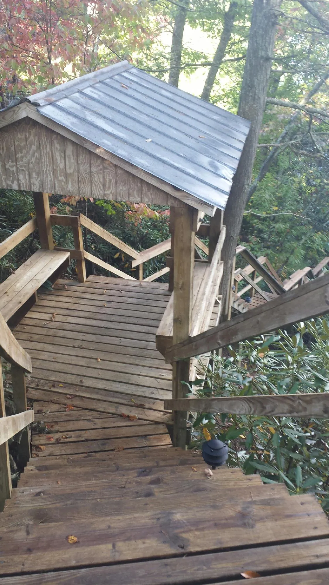 Metal roofed shelter over wooden steps on a wooded walkway — Skylight Repair & Installation work by our crew in Oakley